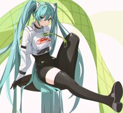 Rule 34 | 1girl, :o, black bodysuit, black gloves, black thighhighs, blue eyes, blue hair, bodysuit, boots, breasts, collared jacket, debu xiao huajiang, foot up, full body, gloves, hair between eyes, hatsune miku, highres, jacket, knee up, long hair, looking at viewer, medium breasts, parted lips, print shirt, racing miku, racing miku (2022), racing suit, shirt, shoe soles, sidelocks, simple background, single leg bodysuit, single thighhigh, sitting, solo, thigh boots, thighhighs, twintails, v-shaped eyebrows, very long hair, vocaloid, white background, white jacket, zettai ryouiki