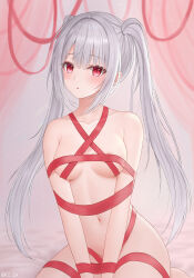 Rule 34 | 1girl, absurdres, armpit crease, blunt bangs, blush, breasts, breasts apart, cc lin, chinese commentary, collarbone, commentary request, convenient arm, curtains, eyelashes, eyes visible through hair, grey hair, groin, hair between eyes, half updo, head tilt, highres, light particles, long hair, medium breasts, midriff, naked ribbon, navel, original, parted lips, pink background, pixiv username, red eyes, red ribbon, ribbon, simple background, sitting, solo, stomach, twintails, twitter username, v arms, very long hair