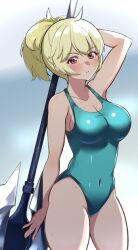 Rule 34 | 1girl, arm up, axe, bare arms, bare shoulders, battle axe, blonde hair, blue one-piece swimsuit, blush, breasts, celeste (unicorn overlord), cleavage, collarbone, covered navel, cowboy shot, film grain, highres, holding, holding axe, holding weapon, large breasts, melow menow, one-piece swimsuit, orange eyes, ponytail, short hair, solo, swimsuit, thighs, unicorn overlord, weapon
