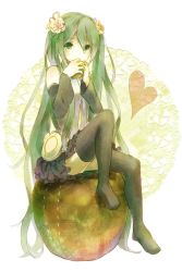 Rule 34 | 1girl, apple, bad id, bad pixiv id, detached sleeves, flower, food, fruit, green eyes, green hair, hair flower, hair ornament, hatsune miku, hatsune miku (append), long hair, matching hair/eyes, sitting, skirt, solo, thighhighs, tsubaki (teatime0), twintails, very long hair, vocaloid, vocaloid append