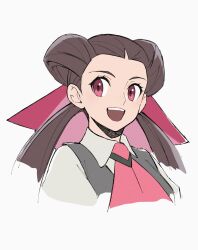 1girl :d ascot brown_hair collared_shirt commentary_request creatures_(company) eyelashes game_freak grey_vest hair_ribbon hair_rings happy highres long_hair mocollie nintendo open_mouth pink_ascot pink_ribbon pokemon pokemon_oras ribbon roxanne_(pokemon) shirt simple_background smile solo teeth twintails upper_body upper_teeth_only vest white_background white_shirt