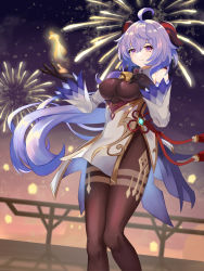 Rule 34 | 1girl, absurdres, ahoge, bare shoulders, bell, black gloves, blue hair, breasts, brown pantyhose, chinese knot, detached sleeves, fireworks, flower knot, ganyu (genshin impact), genshin impact, gloves, gold trim, hand on own chest, highres, horns, long hair, looking at viewer, medium breasts, neck bell, night, pantyhose, purple eyes, sidelocks, smile, solo, standing, t-mark, tassel, thighlet, vision (genshin impact), white sleeves