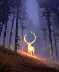 Rule 34 | absurdres, antlers, commentary, deer, english commentary, fire, fire elemental, glowing, grass, highres, horns, jocelin carmes, night, no humans, original, outdoors, scenery, signature, sparks