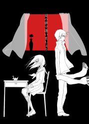 Rule 34 | 1boy, 1girl, aaniko, black background, chair, closed mouth, collared jacket, commentary, curtains, flower, fringe trim, from side, full body, greyscale with colored background, hair ornament, hairclip, high contrast, holding, holding clothes, holding scarf, jacket, kagerou project, kisaragi shintarou, kneehighs, loafers, long hair, looking afar, neckerchief, on chair, open clothes, open jacket, pants, pleated skirt, popped collar, profile, sailor collar, scarf, school chair, school uniform, serafuku, shoes, short hair, sitting, skirt, socks, spider lily, standing, tateyama ayano, track jacket, translated, transparent curtains, vase, wind, window, winter uniform