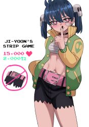 1girl bandaid bandaid_on_cheek bandaid_on_face belt black_choker black_nails black_shorts blue_hair blush chest_sarashi choker clip_studio_paint_(medium) commentary contrapposto cowboy_shot crossed_bandaids earrings english_commentary english_text finger_to_mouth green_jacket hair_ornament hand_in_pocket highres index_finger_raised jacket jewelry ji-yoon_(jourd4n) jourd4n looking_at_viewer meme multicolored_clothes multicolored_jacket nail_polish navel open_clothes open_jacket original pink_belt pink_eyes sarashi short_hair short_shorts shorts shushing simple_background skull_hair_ornament smile solo stomach twintails twitter_strip_game_(meme) two-tone_jacket white_background yellow_jacket