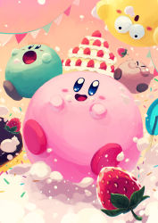 Rule 34 | absurdres, ball, blush, cake, candy, closed eyes, copy ability, cream, cream on face, eating, flag, food, food on face, fruit, happy, highres, kirby, kirby&#039;s dream buffet, kirby (series), lollipop, nintendo, open mouth, sparkle, strawberry, suyasuyabi, tongue, whipped cream