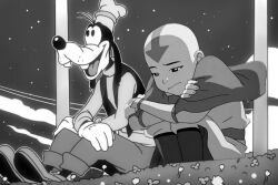 Rule 34 | 2boys, aang, aangsbackscar, avatar: the last airbender, avatar legends, boots, child, closed mouth, disney, dog boy, gloves, goofy, greyscale, hat, long sleeves, looking at viewer, male focus, monochrome, multiple boys, outdoors, sad, sitting, smile, star (sky), toon (style), white gloves
