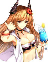 Rule 34 | 1girl, blonde hair, breasts, choker, cleavage, closed mouth, collarbone, commentary request, dark angel olivia, drink, drinking straw, fingernails, flower, food, fruit, glass, granblue fantasy, hair flower, hair ornament, hand in own hair, holding, holding drink, horns, ice, ice cube, jewelry, lemon, lemon slice, long hair, looking at viewer, medium breasts, midriff, pendant, red eyes, rusi, shadowverse, shingeki no bahamut, simple background, smile, solo, swimsuit, upper body, white background