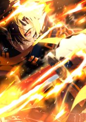 Rule 34 | 1boy, arknights, artist name, black hair, cowboy shot, fire, flamebringer (arknights), glowing, glowing eyes, highres, holding, holding weapon, hydraix choi, jacket, katana, looking at viewer, male focus, material growth, orange eyes, oripathy lesion (arknights), serious, short hair, solo, sword, weapon