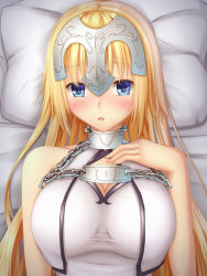 Rule 34 | 1girl, :o, blonde hair, blue eyes, blush, breasts, chain, cleavage, fate/grand order, fate (series), headpiece, jeanne d&#039;arc (fate), jeanne d&#039;arc (ruler) (fate), jeanne d&#039;arc (third ascension) (fate), large breasts, long hair, lying, on back, pillow, solo, tapisuke, upper body