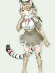 Rule 34 | 10s, 1girl, animal ears, bare shoulders, belt, black hair, blonde hair, bow, bowtie, brown hair, cat ears, cat tail, fur trim, gloves, green background, highres, jungle cat (kemono friends), kemono friends, losmal indicus, low twintails, multicolored hair, shoulder cutout, simple background, solo, tail, thighhighs, twintails, white hair, yellow eyes