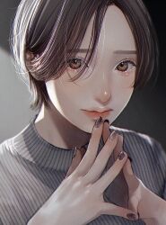 Rule 34 | 1girl, black nails, brown eyes, brown hair, closed mouth, fingernails, highres, lipstick, looking at viewer, makeup, nail polish, original, own hands together, red lips, short hair, solo, steepled fingers, tsunko (9v2 q)