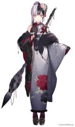 Rule 34 | 1girl, black hair, black kimono, black shawl, breasts, flower, giant brush, gloves, grey kimono, hair bun, hair flower, hair ornament, highres, holding, holding brush, hololive, hololive english, japanese clothes, kayahara, kimono, lace, lace-trimmed gloves, lace gloves, lace trim, looking at viewer, multicolored hair, official alternate costume, official art, paint stains, shawl, shiori novella, shiori novella (new year), small breasts, split-color hair, virtual youtuber, wide sleeves, yellow eyes