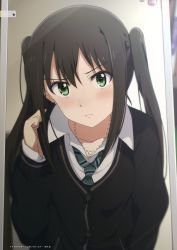 Rule 34 | 1girl, absurdres, alternate hairstyle, blush, brown hair, cardigan, frown, green eyes, highres, idolmaster, idolmaster cinderella girls, jewelry, long hair, looking at viewer, mirror, necklace, necktie, ogipote, scan, school uniform, shibuya rin, solo, twintails, twintails day