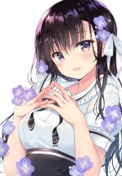 Rule 34 | 1girl, :d, blush, breast suppress, brown hair, flower, hair flower, hair ornament, hands up, high-waist skirt, highres, long hair, looking at viewer, open mouth, original, own hands together, purple eyes, purple flower, sanshoku amido, shirt, simple background, skirt, smile, solo, sweat, upper body, white background, white shirt