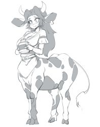 Rule 34 | 1girl, animal ears, bad id, bad tumblr id, blush, breasts, centaur, centauroid, cleavage, cow, cow ears, cow horns, cross-eyed, earrings, female focus, full body, greyscale, highres, holding, hooves, horns, jar, jewelry, long hair, malon, medium breasts, monochrome, monster girl, monsterification, nintendo, simple background, single earring, sketch, slugbox, smile, solo, taur, the legend of zelda, the legend of zelda: ocarina of time, white background