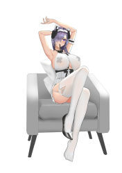 Rule 34 | 1girl, absurdres, alternate breast size, armpits, august von parseval (azur lane), august von parseval (the conquered unhulde) (azur lane), azur lane, bare arms, bare shoulders, black footwear, black ribbon, breasts, chair, clothing cutout, commentary request, cross pasties, dress, frills, full body, guokui, hair ornament, hair over one eye, high heels, highres, horns, huge breasts, mouth hold, pasties, presenting armpit, purple eyes, purple hair, ribbon, ribbon in mouth, shoes, unworn shoes, simple background, sitting, solo, thighhighs, underboob, underboob cutout, white background, white dress, white thighhighs