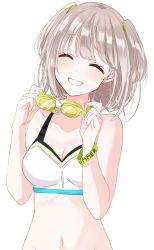 Rule 34 | 1girl, ^ ^, bad id, bad pixiv id, bare arms, bare shoulders, bikini, blush, breasts, character request, cleavage, closed eyes, collarbone, crop top, earrings, facing viewer, goggles, grey hair, grin, groin, head tilt, highres, holding, holding goggles, idolmaster, idolmaster shiny colors, jewelry, misumi (macaroni), navel, serizawa asahi, short hair, simple background, small breasts, smile, solo, star (symbol), star earrings, swimsuit, two side up, upper body, white background, white bikini, wristband