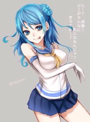 Rule 34 | 10s, 1girl, :p, bad id, bad nicoseiga id, blue eyes, blue hair, breast hold, breasts, cowboy shot, double bun, elbow gloves, gloves, grey background, hair bun, kantai collection, looking at viewer, matching hair/eyes, medium breasts, no headwear, school uniform, serafuku, simple background, skirt, sleeves rolled up, solo, text focus, tongue, tongue out, translation request, twitter username, urakaze (kancolle), yukihama