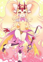 Rule 34 | 1girl, animal print, big hair, blonde hair, boots, breasts, detached collar, detached sleeves, dress, facial mark, fate/grand order, fate (series), hair ribbon, hizuki aya, horns, ibaraki douji (fate), kneehighs, knees together feet apart, long hair, magical girl, oni horns, panties, ribbon, scepter, small breasts, socks, solo, standing, standing on one leg, tiger print, twintails, underwear, very long hair, yellow dress, yellow eyes, yellow panties