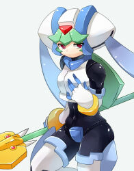 Rule 34 | 1girl, commentary request, cropped jacket, green hair, helmet, holding, holding polearm, holding weapon, looking at viewer, mega man (series), mega man zx, pandora (mega man), polearm, red eyes, sakuraba (cerisier x), simple background, skin tight, solo, weapon