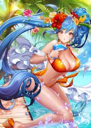 Rule 34 | 1girl, bikini, blue hair, bracelet, breasts, cleavage, collarbone, cowboy shot, female focus, flower, hair flower, hair ornament, hibiscus, jewelry, large breasts, long hair, looking at viewer, looking to the side, luthica preventer, orange bikini, palm tree, parted lips, red eyes, ribbon, side-tie bikini bottom, sindy, solo, splashing, sunlight, swimsuit, sword girls, tree, twintails, very long hair, water