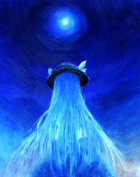 Rule 34 | 1girl, blue hair, blue skirt, finale inoue, from behind, full moon, hat, highres, hinanawi tenshi, long hair, long skirt, moon, moonlight, night, night sky, oil painting (medium), painting (medium), shirt, skirt, sky, solo, touhou, traditional media, white shirt