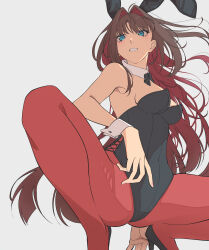 Rule 34 | 1girl, absurdres, anianiani0607, aozaki aoko, black footwear, black leotard, blue eyes, brown hair, colored inner hair, commentary, cross-laced slit, detached collar, grey background, hair intakes, high heels, highres, leotard, ligne claire, long hair, m legs, mahou tsukai no yoru, multicolored hair, pantyhose, parted lips, playboy bunny, red hair, red pantyhose, simple background, solo, squatting, strapless, strapless leotard, teeth, white wrist cuffs, wrist cuffs