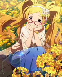 Rule 34 | 10s, 1girl, :3, artist request, bespectacled, blonde hair, bracelet, earrings, emily stewart, field, flower, flower field, glasses, hairband, idolmaster, idolmaster million live!, jewelry, long hair, looking at viewer, official art, purple eyes, rapeseed blossoms, smile, solo, twintails