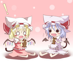 Rule 34 | !, 2girls, animal ears, barefoot, blonde hair, blush, blush stickers, canae0, cat ears, cat girl, cat tail, chibi, eating, fang, female focus, flandre scarlet, food, food on clothes, kemonomimi mode, multiple girls, o o, purple hair, remilia scarlet, sitting, snack, surprised, tail, taiyaki, touhou, wagashi, wings