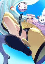 Rule 34 | 1girl, blurry, boots, character hair ornament, commentary request, creatures (company), day, from below, game freak, glint, green hair, grey footwear, grin, hair ornament, highres, iono (pokemon), jacket, long hair, looking at viewer, looking down, nintendo, outdoors, poke ball, poke ball (basic), pokemon, pokemon sv, purple eyes, purple hair, sharp teeth, shoe soles, signature, single leg pantyhose, sky, smile, solo, teeth, thigh strap, twintails, uyumaru art, yellow jacket