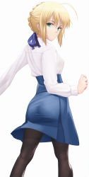 Rule 34 | 1girl, ahoge, artoria pendragon (all), artoria pendragon (fate), ass, black pantyhose, blonde hair, blouse, blue ribbon, blue skirt, braid, breasts, closed mouth, collared shirt, covered erect nipples, fate/stay night, fate (series), from behind, green eyes, hair ribbon, high-waist skirt, highres, k19, long sleeves, looking at viewer, looking back, pantyhose, ribbon, saber (fate), shirt, simple background, skirt, small breasts, solo, white background, white shirt