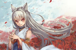 Rule 34 | 1girl, animal ear fluff, animal ears, bare shoulders, detached sleeves, field, fingers together, flower, flower field, fox ears, japanese clothes, kimono, long hair, looking at viewer, original, petals, red eyes, silver hair, smile, solo, spider lily, suzuno (bookshelf), upper body, wind