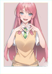 Rule 34 | 1girl, absurdres, bang dream!, bang dream! it&#039;s mygo!!!!!, border, brown background, chihaya anon, collared shirt, commentary, fangs, finger heart, green necktie, grey eyes, guyijun, hands up, highres, long hair, looking at viewer, necktie, open mouth, pink hair, shirt, short sleeves, smile, solo, sweater vest, upper body, white background, white border, yellow sweater vest