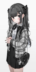 Rule 34 | 1girl, absurdres, bag, black bow, black hair, black nails, black skirt, blush, bow, closed mouth, collared shirt, commentary request, dress shirt, gradient background, grey background, grey eyes, hair bow, hair ornament, hairclip, heart-shaped bag, highres, jacket, kuromi, long hair, looking at viewer, nail polish, onegai my melody, open clothes, open jacket, original, plaid, plaid jacket, pleated skirt, sanrio, shirt, shoulder bag, skirt, solo, standing, steepled fingers, twintails, two side up, very long hair, white shirt, whitebc, x hair ornament