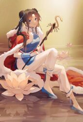 Rule 34 | 1girl, black hair, blue dress, blue eyes, brown hair, china dress, chinese clothes, dechel, double bun, dress, foot out of frame, hair bun, highres, light smile, long hair, long sleeves, looking at viewer, parted lips, ribbon, sitting, soaking feet, solo, staff, twintails, water, xianjian qixia zhuan, zhao linger