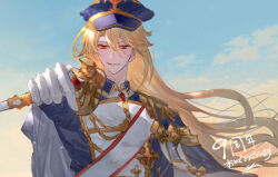 Rule 34 | 1boy, aglovale (granblue fantasy), aiguillette, blonde hair, blue hat, blue jacket, brooch, cane, cape, cloud, collared jacket, double-parted bangs, epaulettes, gloves, gradient sky, granblue fantasy, hair between eyes, hat, highres, holding, holding cane, jacket, jewelry, kubinobiruyo, long hair, long sleeves, looking at viewer, male focus, official alternate costume, outstretched hand, parted lips, peaked cap, red eyes, sash, shoulder sash, sky, smile, solo, upper body, white cape, white gloves, white sash