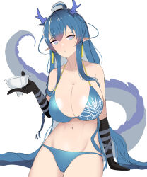 Rule 34 | 1girl, :o, absurdres, arknights, bikini, black gloves, blue bikini, blue eyes, blue hair, breasts, cleavage, collarbone, cup, dragon girl, dragon horns, dragon tail, earrings, elbow gloves, gloves, highres, holding, holding cup, horns, jewelry, kinoko hakushaku, large breasts, ling (arknights), long hair, looking at viewer, multicolored hair, navel, parted lips, pointy ears, simple background, sitting, solo, streaked hair, swimsuit, tail, two-tone hair, very long hair, white background, white hair