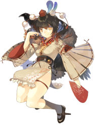 Rule 34 | 1girl, bad id, bad pixiv id, bead necklace, beads, bird, black hair, black wings, breasts, brown eyes, cats brain, closed mouth, crow, feather hair ornament, feathered wings, feathers, full body, grey socks, hair ornament, hand up, hat, jewelry, kneehighs, light smile, mary janes, medium breasts, necklace, original, pelvic curtain, sash, shoes, simple background, socks, solo, thighs, tokin hat, twintails, white background, wide sleeves, wings