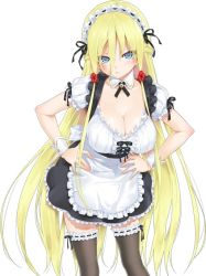 Rule 34 | 1girl, alice (bishoujo mangekyou), apron, bishoujo mangekyou, bishoujo mangekyou: kami ga tsukuritamouta shoujo-tachi, bishoujo mangekyou (series), blonde hair, blue hair, breasts, cleavage, flower, frilled thighhighs, frills, hair between eyes, hands on own hips, happoubi jin, jpeg artifacts, large breasts, long hair, maid, maid apron, maid headdress, ribbon, ribbon-trimmed legwear, ribbon trim, solo, thighhighs, very long hair, wrist cuffs