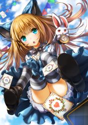 Rule 34 | 1girl, absurdres, animal ears, black bow, black bowtie, black footwear, blonde hair, blue dress, blue eyes, blue sky, bow, bowtie, card, chestnut mouth, cloud, cloudy sky, club (shape), commentary request, day, diamonds (playing card), dress, fake animal ears, full body, grey thighhighs, hearts (playing card), hellnyaa, highres, horizontal-striped legwear, long hair, looking at viewer, multicolored clothes, multicolored legwear, open mouth, original, rabbit, red eyes, roman numeral, shoes, sky, solo, spade (shape), striped clothes, striped thighhighs, thighhighs, thighs, upskirt