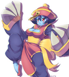 Rule 34 | 1girl, baggy pants, blue hair, blue skin, breasts, chinese clothes, claws, cleavage, cleavage cutout, clothing cutout, colored skin, flats, highres, jiangshi, large breasts, lei lei, ofuda, pants, red eyes, sash, self-upload, short hair, solo, vampire (game), very long sleeves, zeshgolden