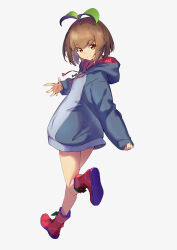 Rule 34 | 1girl, absurdres, bare legs, boots, brown hair, closed mouth, derivative work, eva mashiro (vtuber), full body, grey hoodie, hand up, highres, hood, hoodie, indie virtual youtuber, kotoritakanasi, long sleeves, looking at viewer, looking back, recolored, red footwear, short hair, simple background, smile, solo, split mouth, sprout on head, virtual youtuber, white background