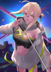 Rule 34 | 1girl, absurdres, ahoge, artoria pendragon (fate), blonde hair, breasts, commentary request, fate/grand order, fate (series), garter straps, glasses, highres, kasumi saika, medium breasts, microphone, microphone stand, music, mysterious heroine x alter (fate), navel, open mouth, short hair, short ponytail, sidelocks, singing, solo, yellow eyes