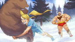 Rule 34 | 1boy, 1girl, alternate costume, bear, blonde hair, blue eyes, blue shirt, blue shorts, casual, highres, official alternate costume, official art, open mouth, rainbow mika, shirt, shorts, smile, snow, street fighter, street fighter 6, tree, twintails, zangief