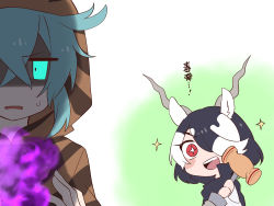 Rule 34 | + +, 2girls, animal ears, antelope ears, antelope horns, aqua hair, behind another, black hair, blackbuck (kemono friends), cape, chibi, darkness, excited, green eyes, hair over one eye, highres, holding, holding weapon, hood, hood up, hoodie, horns, isobee, kemono friends, kemono friends 3, long sleeves, looking at another, medium hair, multicolored hair, multiple girls, open mouth, polearm, red eyes, shaded face, shirt, smile, sparkle, striped clothes, striped hoodie, swept bangs, translation request, tsuchinoko (kemono friends), two-tone hair, v-shaped eyebrows, weapon, white hair