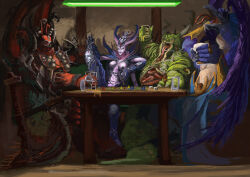 Rule 34 | 1girl, 3boys, absurdres, armor, bar (place), beer mug, board game, chair, chaos (warhammer), cigar, cup, damirsnajder, demon, demon horns, dice, highres, holding, holding cup, holding detached head, horns, khorne, mug, multiple boys, nurgle, playing games, severed head, sitting, skull, slaanesh, smoking, table, tzeentch, warhammer 40k