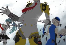 Rule 34 | 3girls, aegis (persona), android, ass, atlus, bare shoulders, blue hair, book, card, dress, elizabeth (persona), gloves, grey hair, hat, head out of frame, joints, labrys (persona), long hair, multiple girls, necktie, persona, persona 3, persona 4: the ultimate in mayonaka arena, ponytail, red eyes, robot joints, school uniform, short hair, sleeveless, sleeveless dress, smile, troyd, weapon, yellow eyes