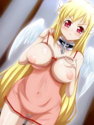 Rule 34 | :&gt;, angel wings, astraea (sora no otoshimono), bad id, blush, breasts, large breasts, nami makoto, nightgown, nipples, pubic hair, see-through, smile, sora no otoshimono, wings