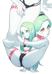 Rule 34 | 1girl, absurdres, arm support, artificial eye, barefoot, black bra, black panties, bra, breasts, cameltoe, colored sclera, colored skin, cyberpunk (series), cyberpunk edgerunners, feet, green hair, highres, interlocked toes, lan mao akko, leg tattoo, legs, long hair, looking at viewer, mechanical eye, multiple views, neck tattoo, panties, petite, prehensile toes, raised eyebrow, rebecca (cyberpunk), red sclera, simple background, small breasts, smug, soles, solo, spread legs, stomach tattoo, straight hair, tattoo, thigh gap, toes, tongue, tongue out, underwear, underwear only, very long hair, white background, white skin, yoga